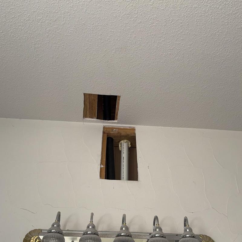 Hot water line leak access from ceiling in bathroom Hot water line leak access from ceiling in bathroom