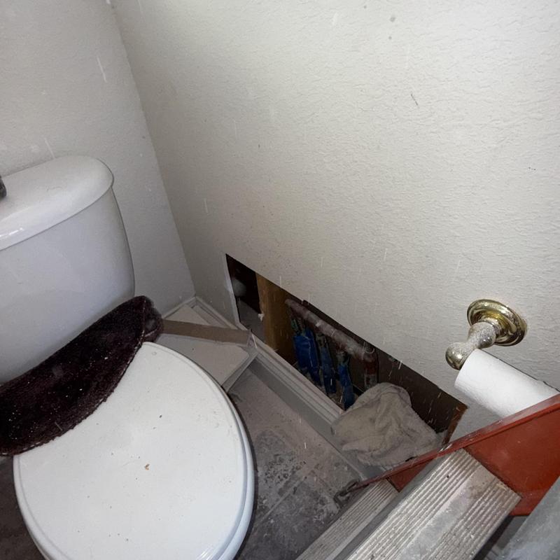 Hot water line access behind master bathroom wall panel Hot water line access behind master bathroom wall panel