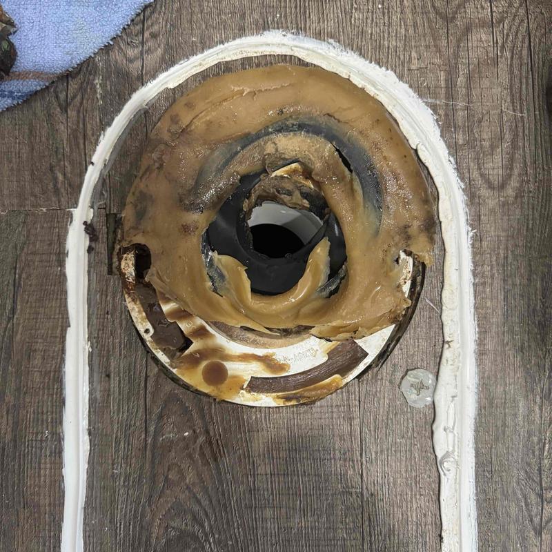 Toilet flange with wax ring and sealant on floor