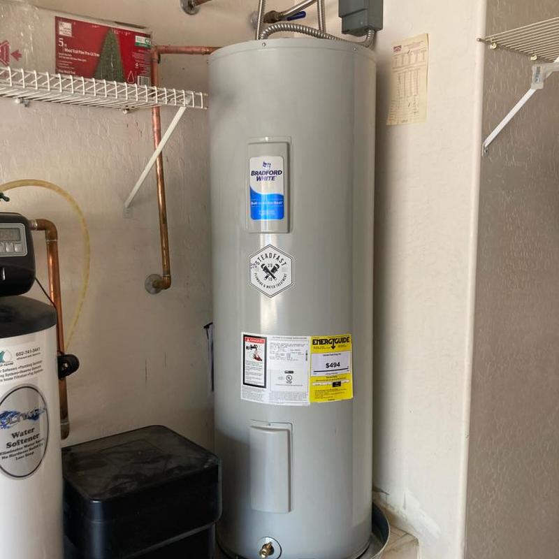 Bradford White electric water heater with leak pan