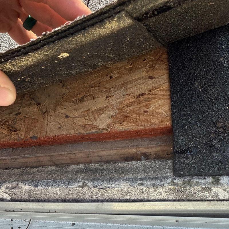 Roof decking exposed under lifted asphalt shingle roof