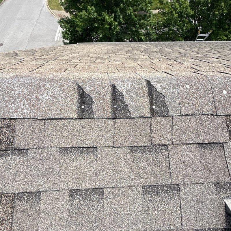 Asphalt roof shingles with visible hail damage and wear