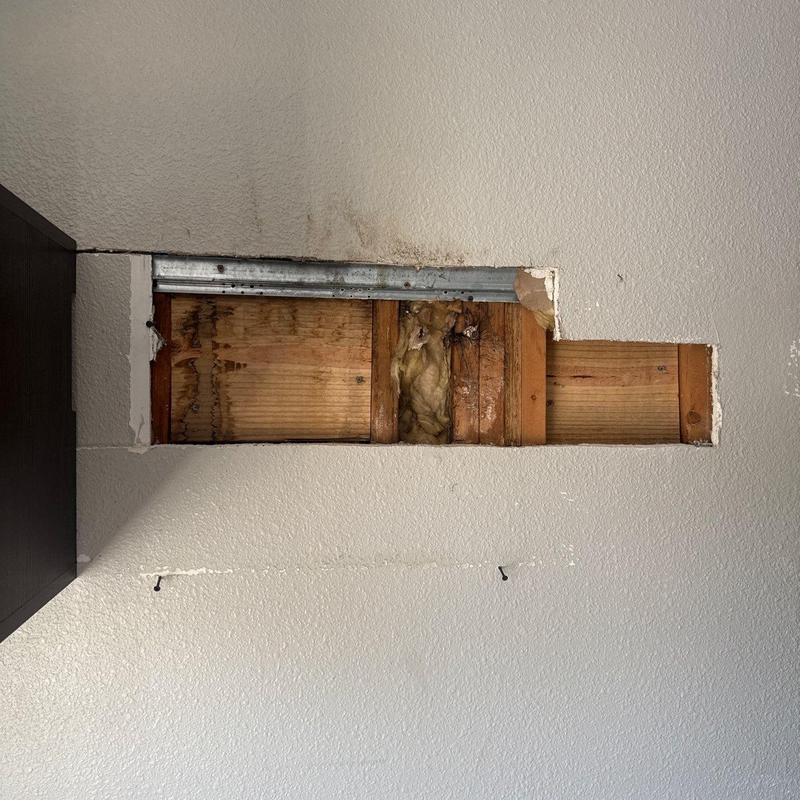 Wall cavity with water damage and insulation exposed