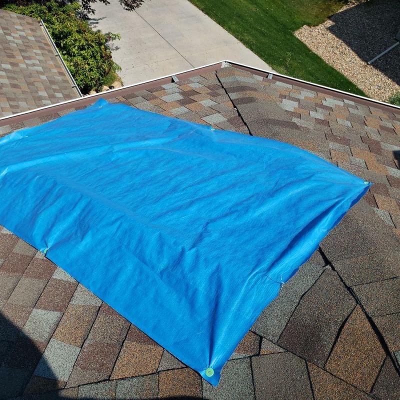 Shingle roof with blue tarp covering hail damage