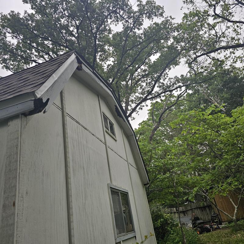 Roof edge and gutter hail damage on white siding