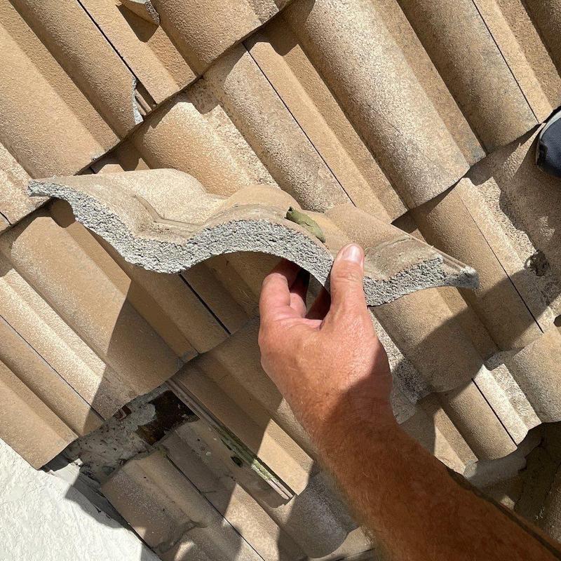 Concrete tile roof showing cracked and displaced tile
