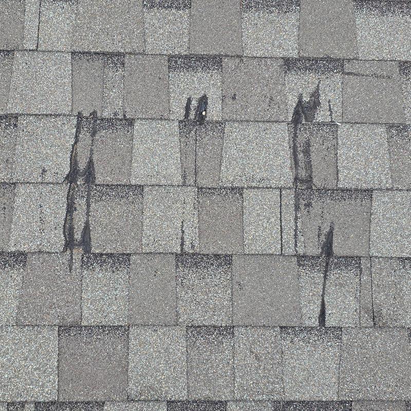 Asphalt roof shingles with hail and wind damage marks