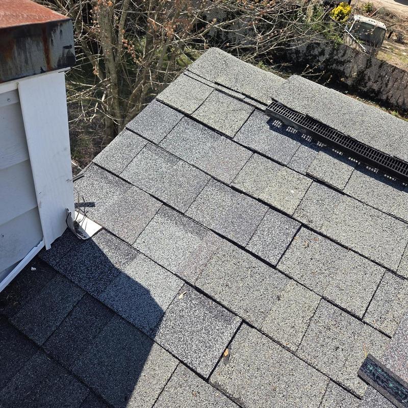 Pipe boots and shingles on gray roof section