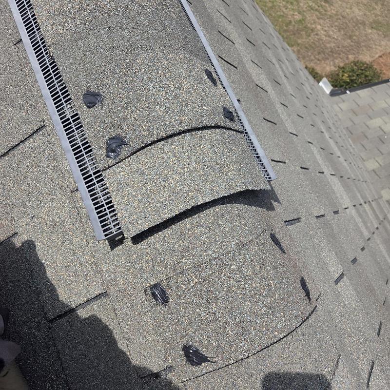 Asphalt shingles with caulked mechanical vents on roof