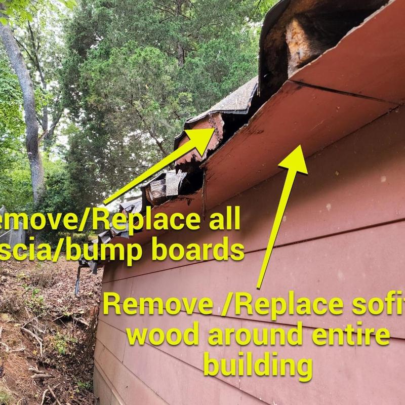 Garage roof fascia and soffit wood damage inspection