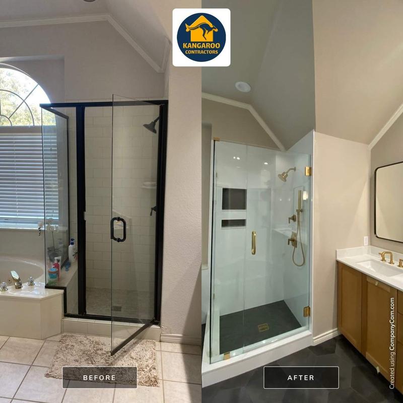 Frameless shower enclosure with brushed brass hardware