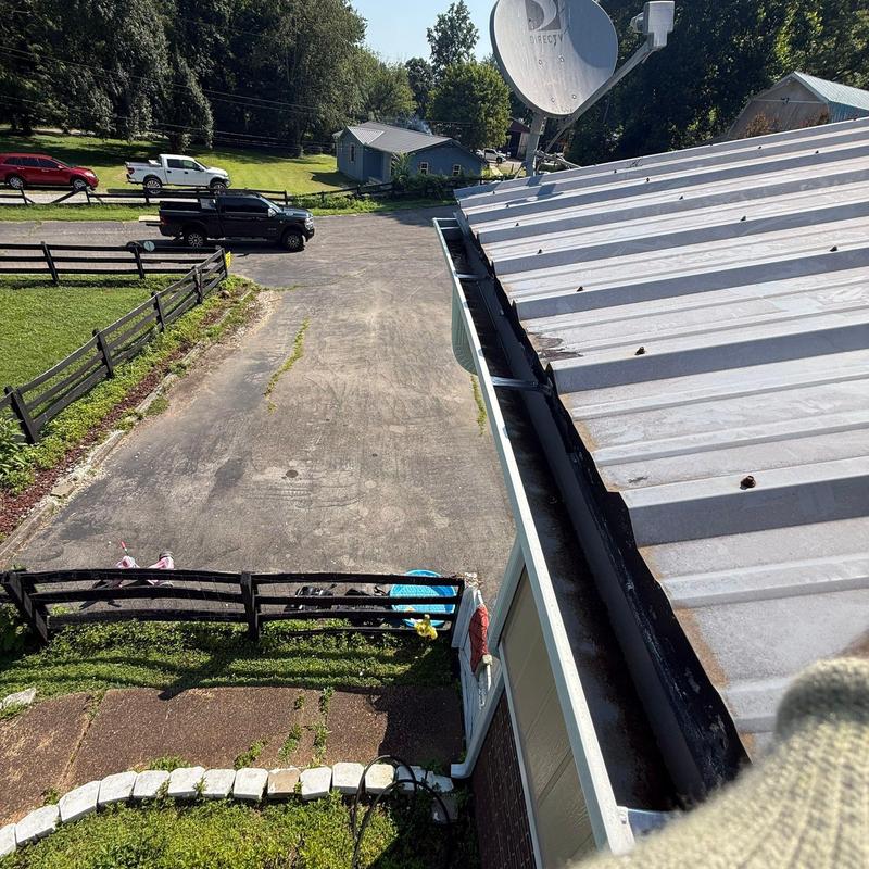 Metal roof with visible rust spots and gutter view