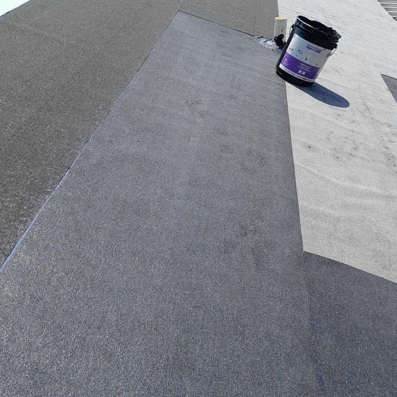 Modified bitumen roofing membrane installation with coating bucket