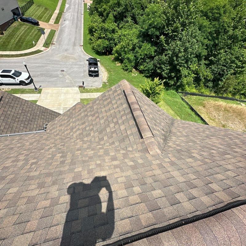 Asphalt shingle roof with ridge vent inspection and damage