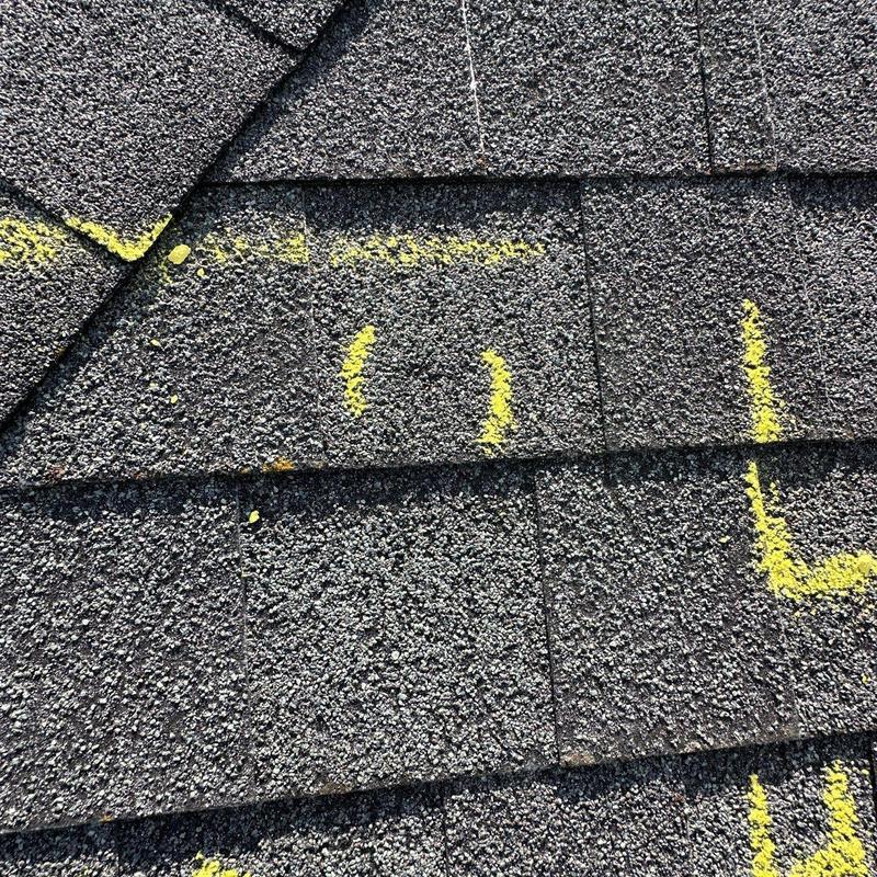 Asphalt shingles with marked hail damage and granule loss