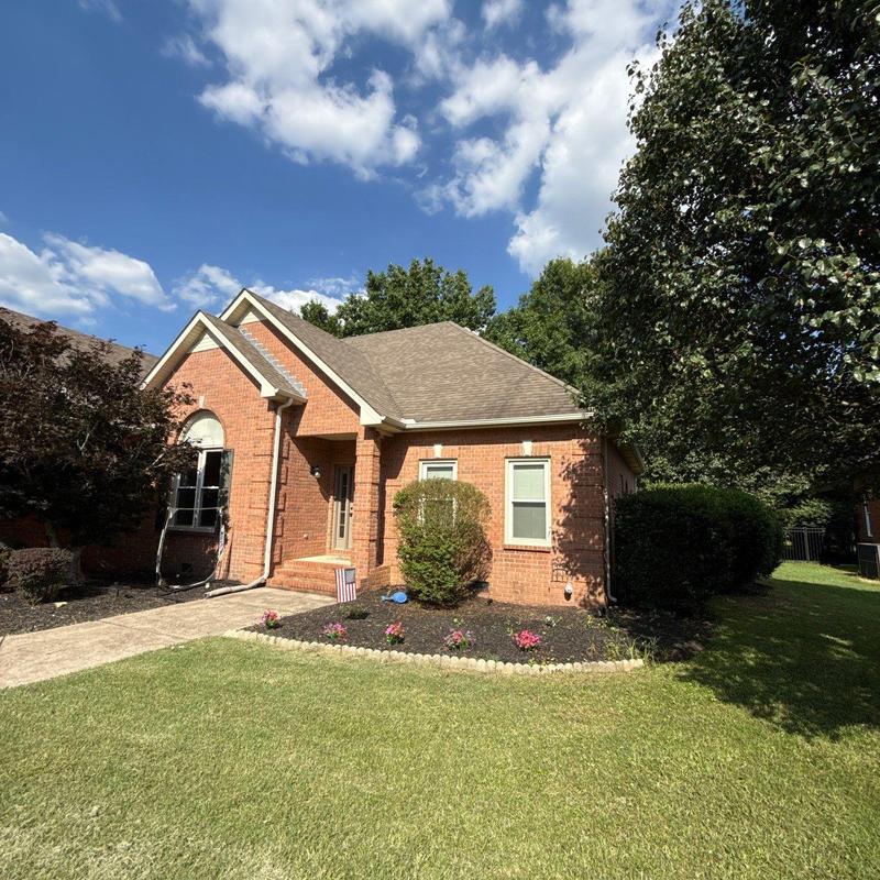 Asphalt shingle roof with hail damage under sunny sky
