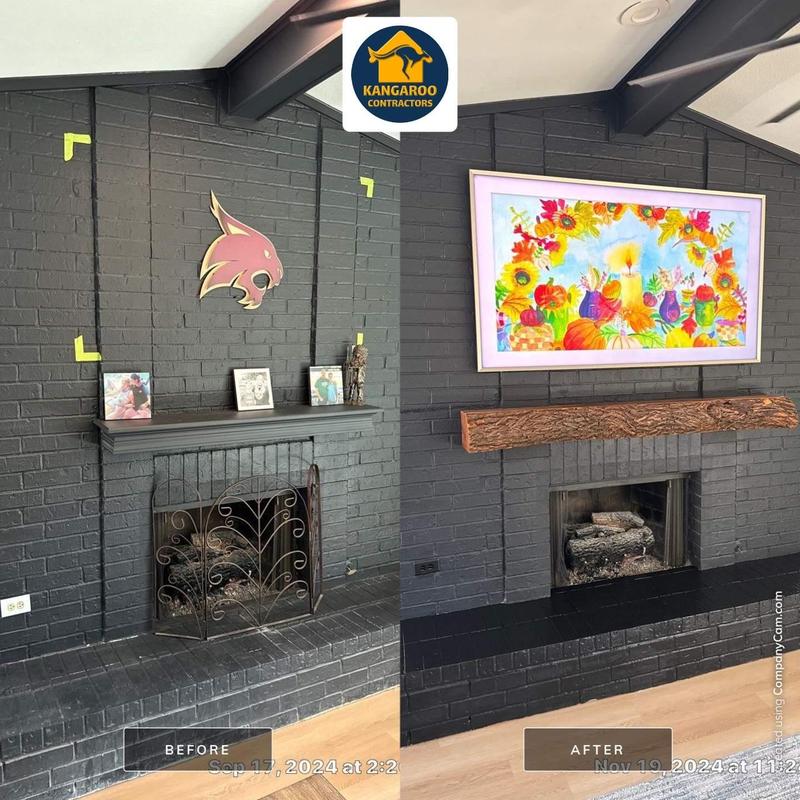 Fireplace mantel installation with rustic wood design