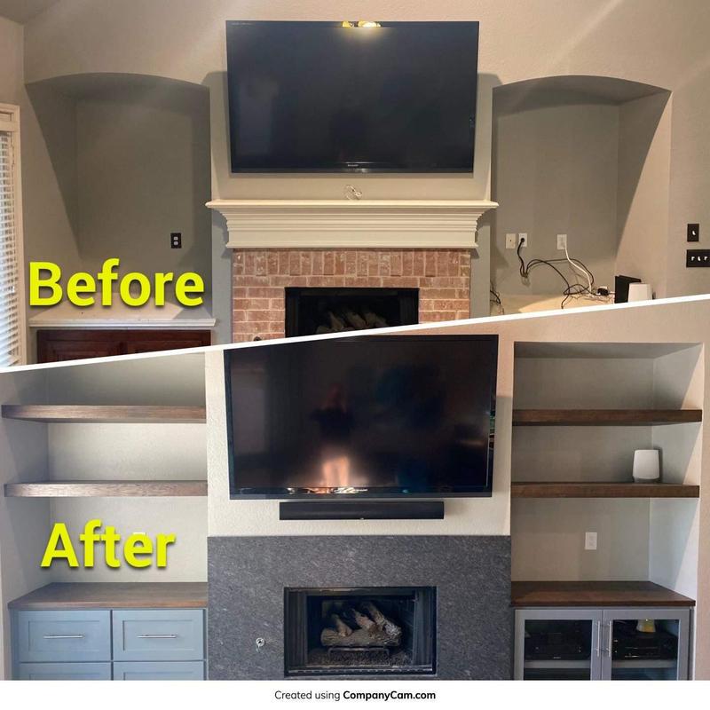 TV surround cabinetry and shelving with fireplace update