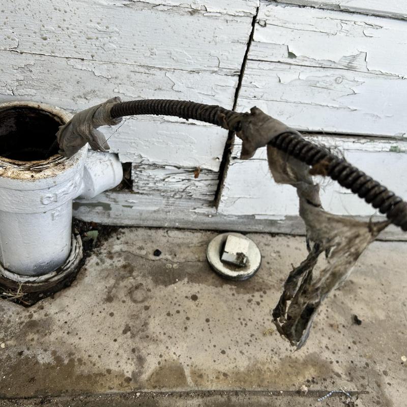 Building drain cleaning with sewer machine cable and wipes removed