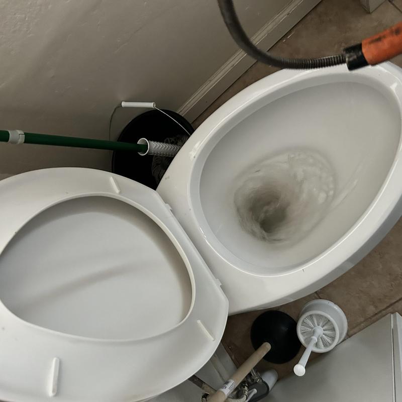 Toilet flushing with snake clearing clog in bathroom