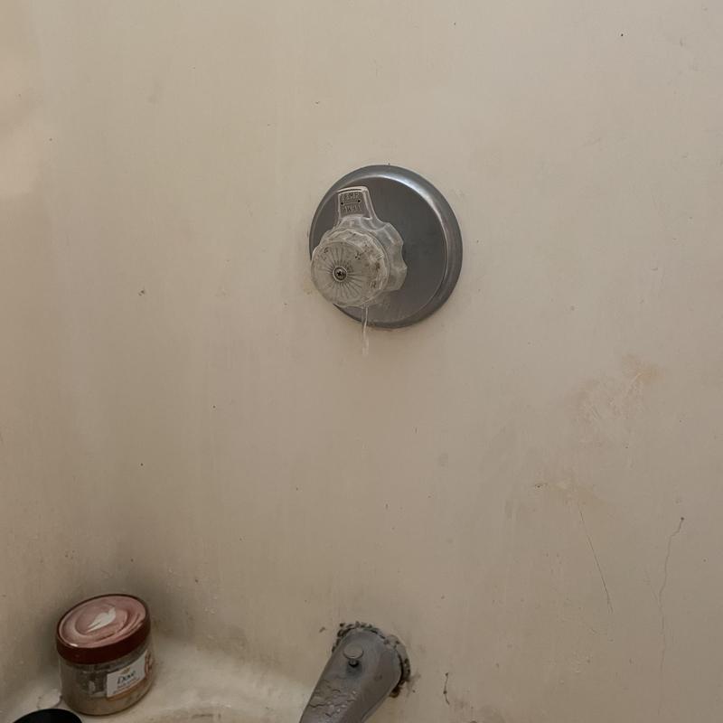 Shower valve handle and tub spout in bathroom wall