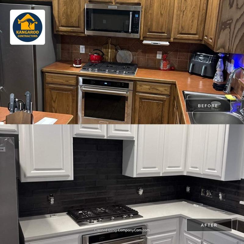 Quartz countertop and black tile backsplash update Quartz countertop and black tile backsplash update