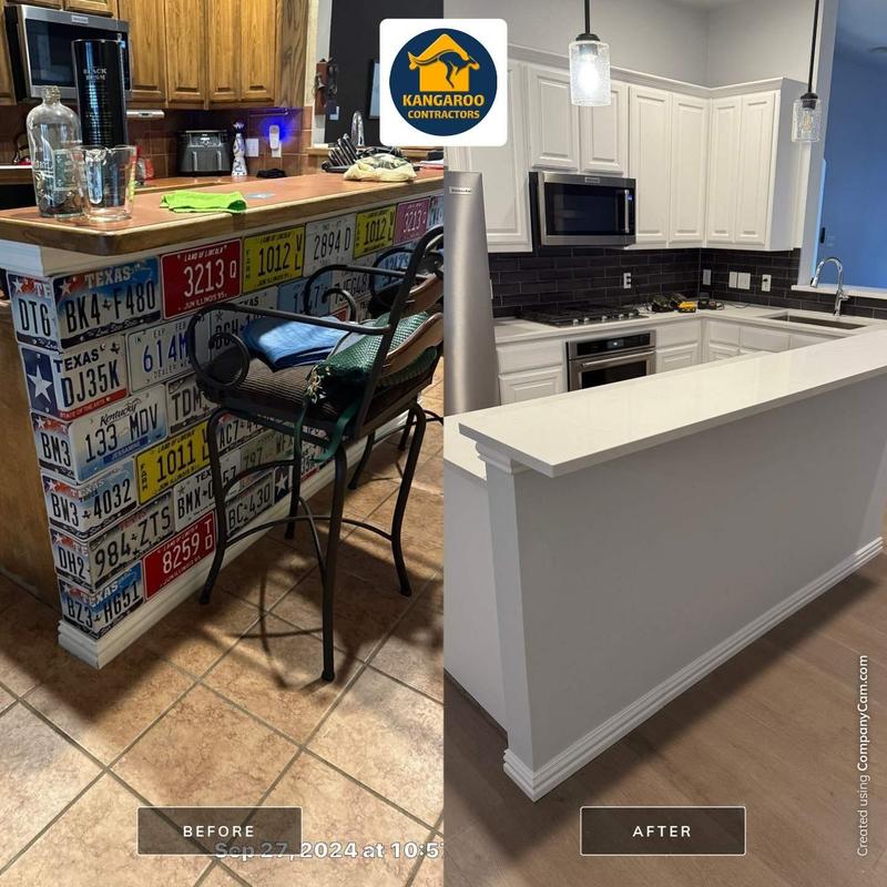 Kitchen breakfast bar with license plate decor removal and painting