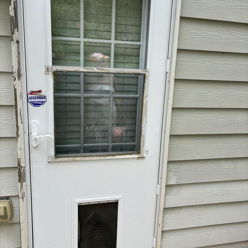 Exterior door with pet door and horizontal siding panels