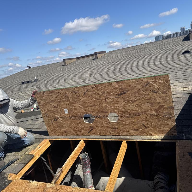 Plywood roof deck panel replacement on multifamily roof Plywood roof deck panel replacement on multifamily roof