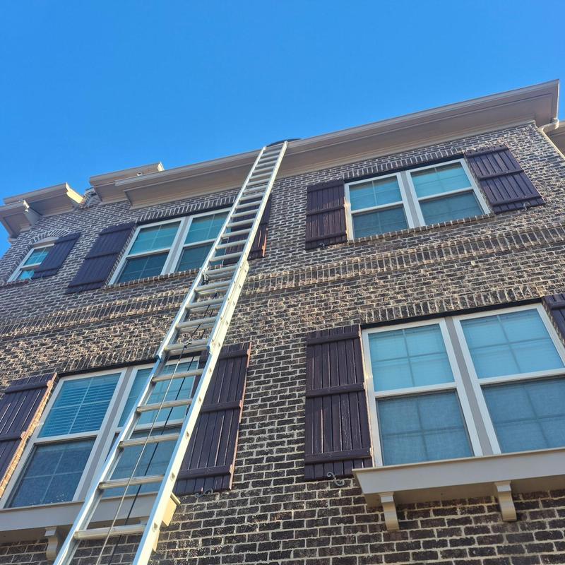 Ladder against brick house exterior with window shutters