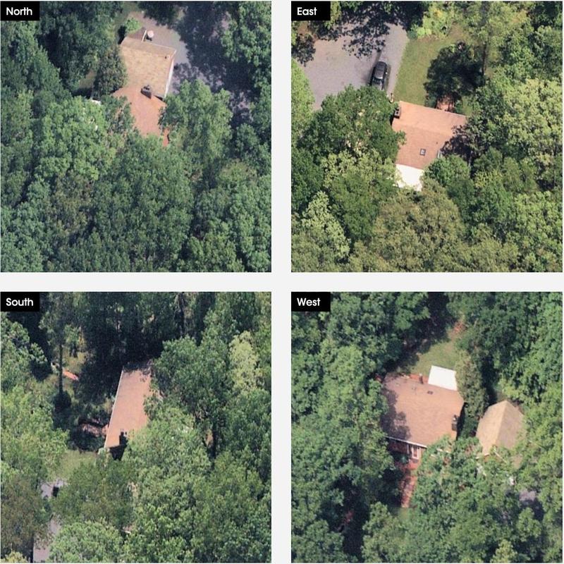 Roof shingles aerial inspection around wooded house Roof shingles aerial inspection around wooded house