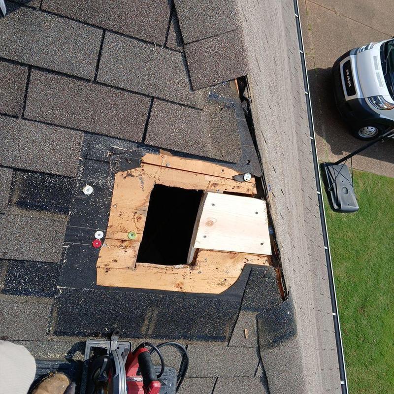 Roof decking repair around hot water heater exhaust pipe