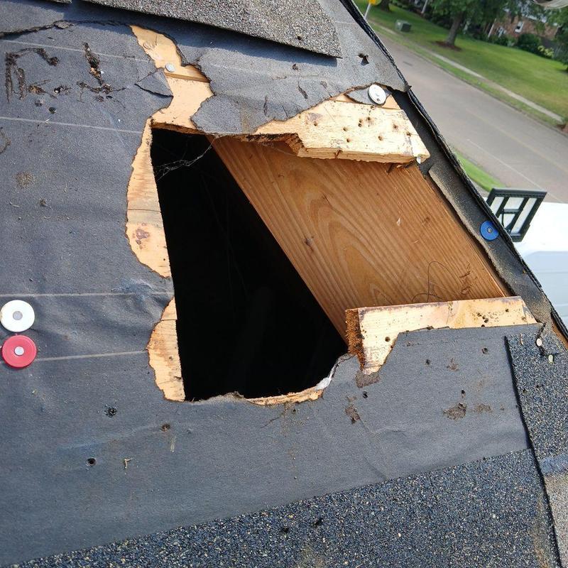 Roof decking with damaged underlayment and shingles