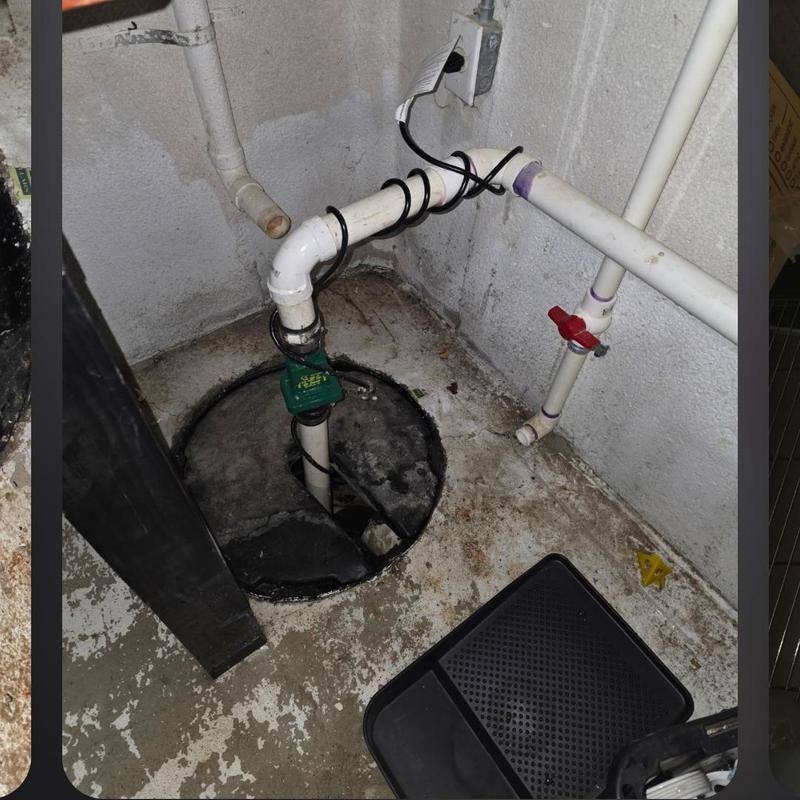 Sump pump and check valve installation in basement corner