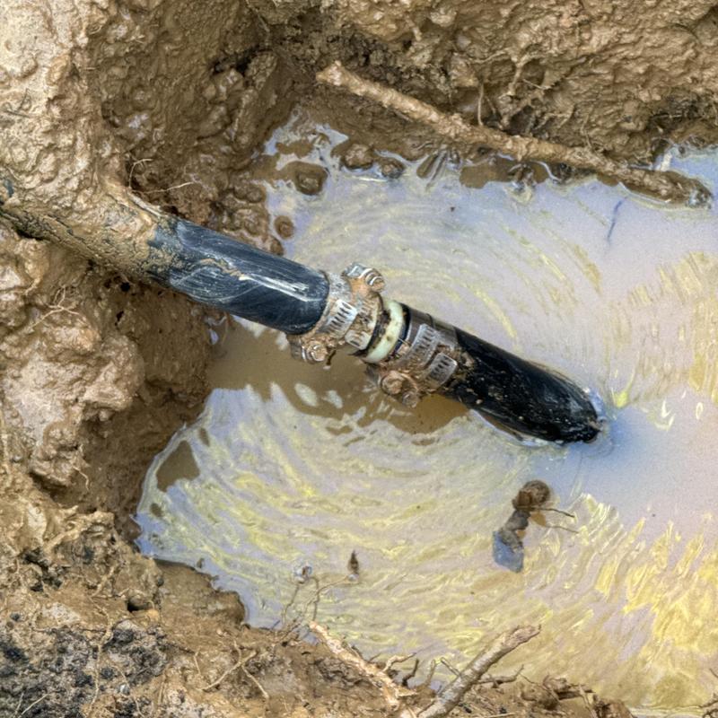 Main water line with plastic barb fitting leak in mud