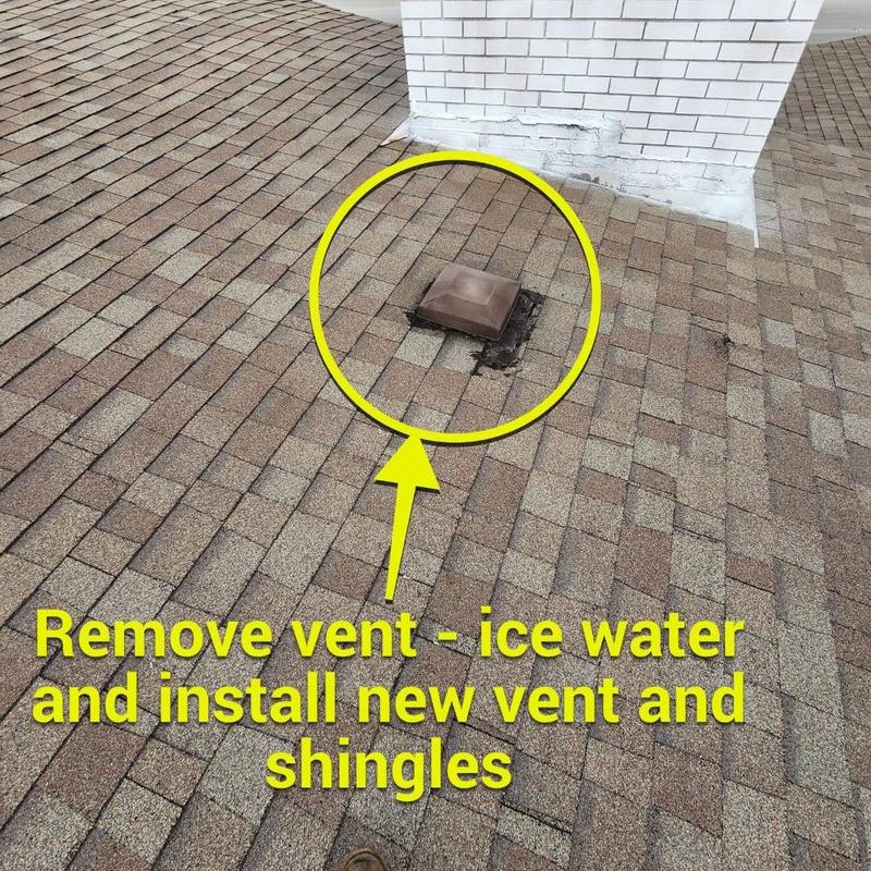 Roof vent and surrounding shingles with damage signs
