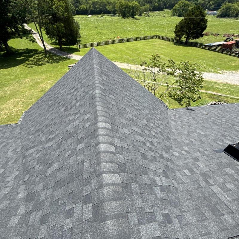 Asphalt shingle roof ridge with visible granule texture