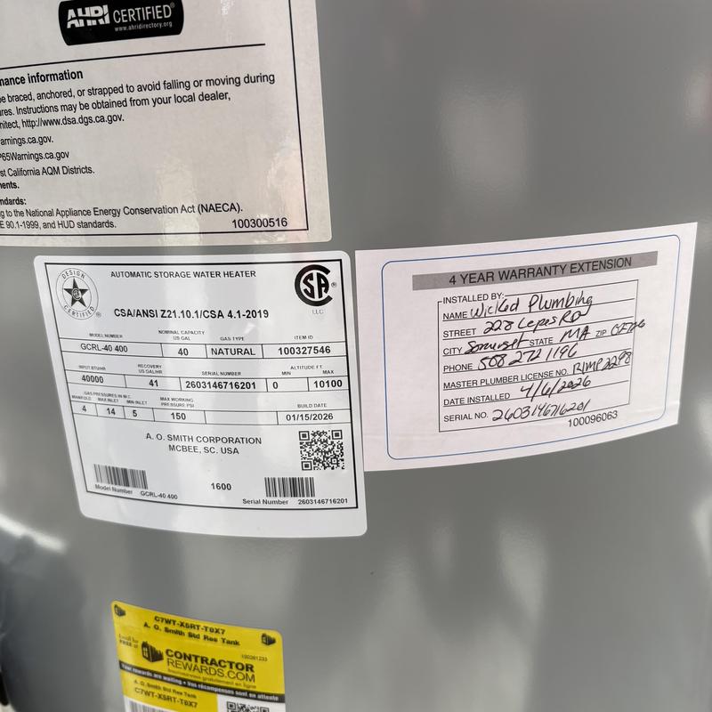 Natural gas water heater warranty label and info Natural gas water heater warranty label and info