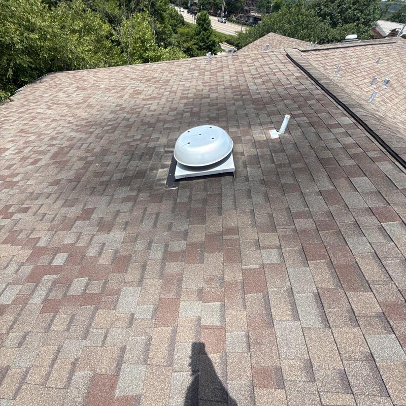 Asphalt shingle roof with ventilation unit and hail damage