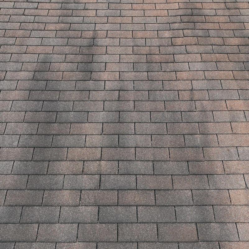 Asphalt roof shingles showing hail damage and granule loss