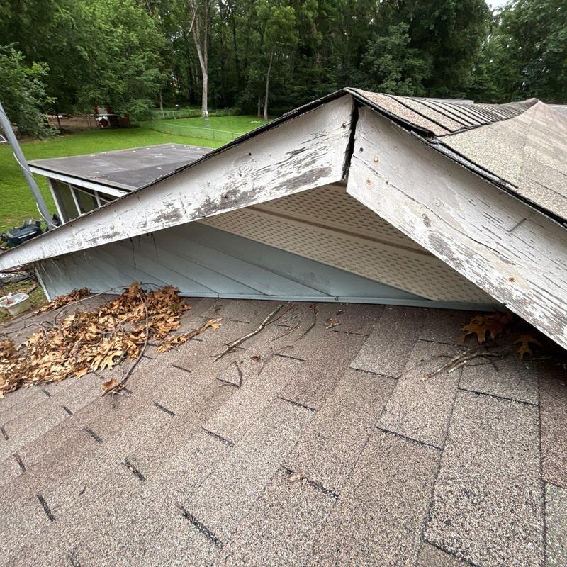 Roof shingles with hail damage and debris accumulation