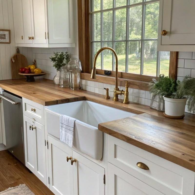 Kitchen sink plumbing under wooden countertop with brass faucet