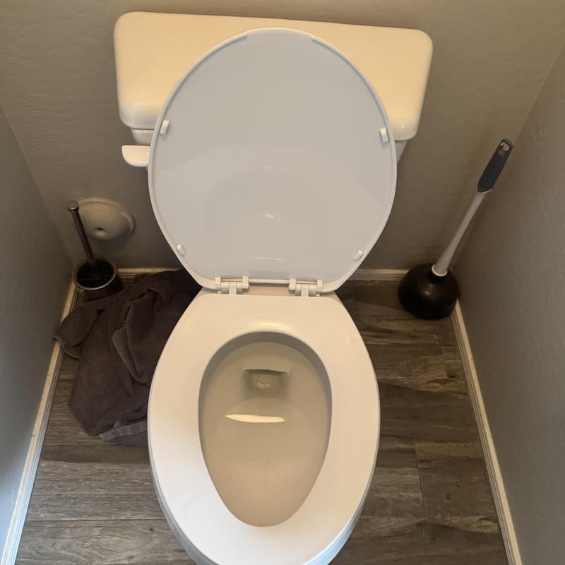Glacier Bay toilet with open lid in bathroom corner