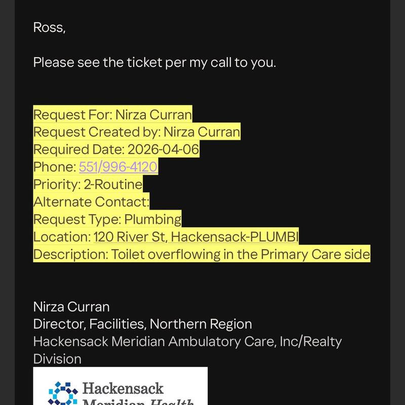 Toilet overflow in Primary Care side, Hackensack Toilet overflow in Primary Care side, Hackensack