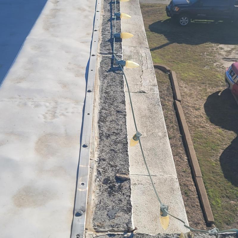 Roof edge with lightning protection guards and string lights