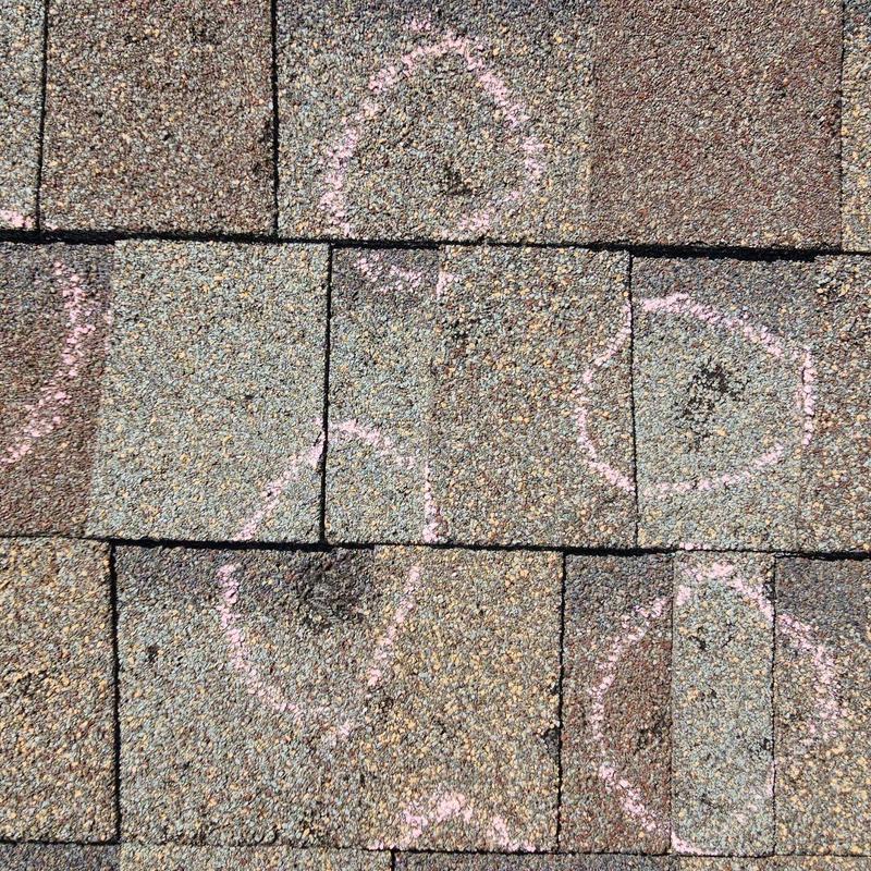 Asphalt roof shingles with hail impact markings