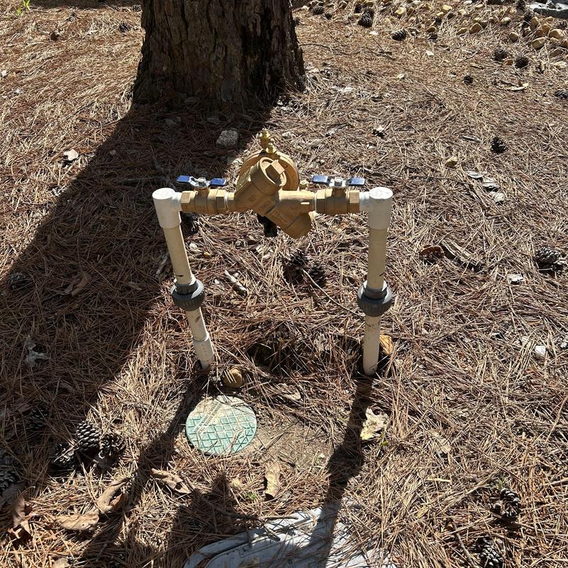 Backflow preventer with surrounding water pipes outdoors