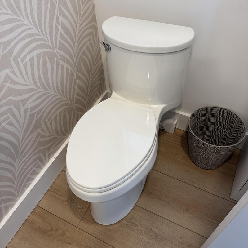 Toilet with new wax ring installed in bathroom corner