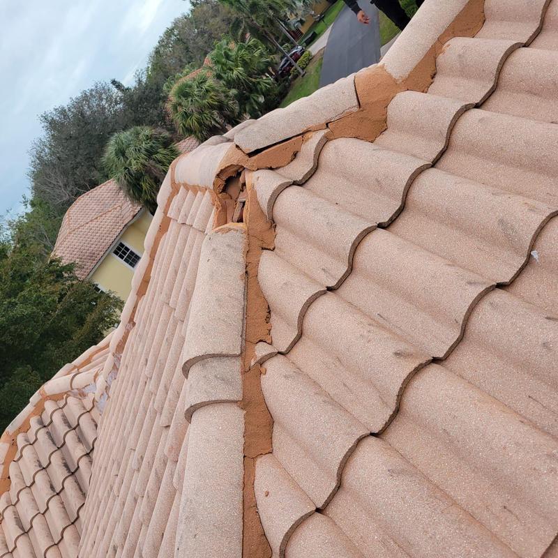 Concrete tile roof with cracked and missing mortar