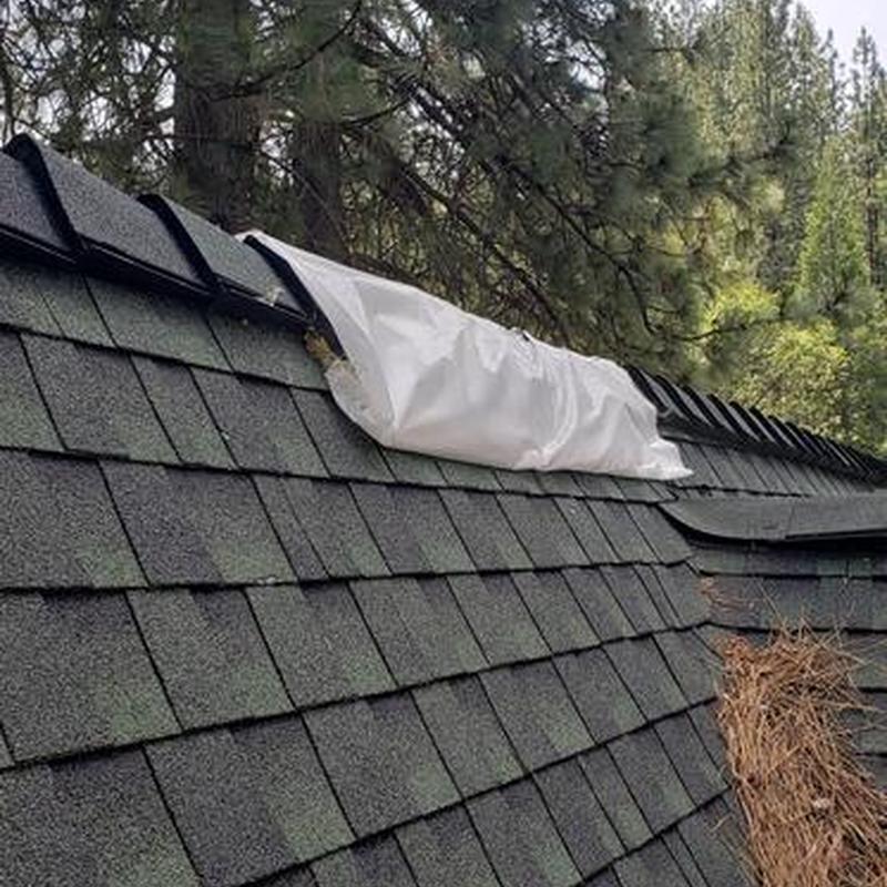 Roof vent with protective tarp on storm-damaged shingles